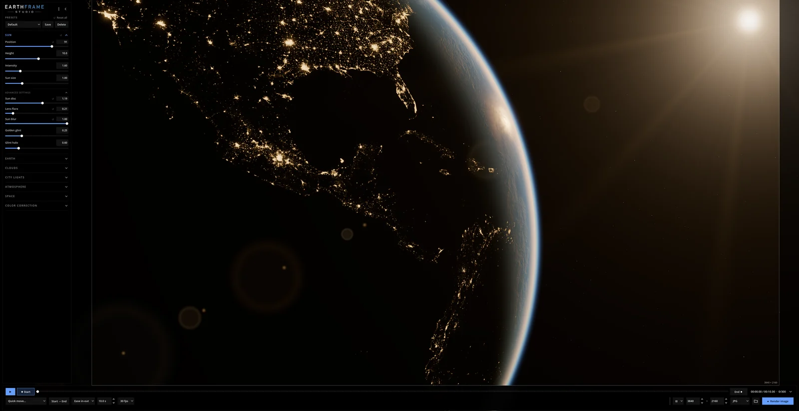 City lights at night with a warm lens flare